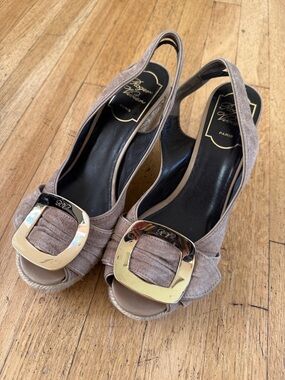 Roger Vivier Taupe Suede Peep-Toe Slingback Heels with Gold Buckle